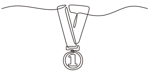 Continuous One Line Drawing Gold Medal Ribbon. Award Winner First Place Achievement Sport Vector Icon.