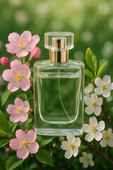 Fresh floral perfume bottle surrounded by spring blossoms