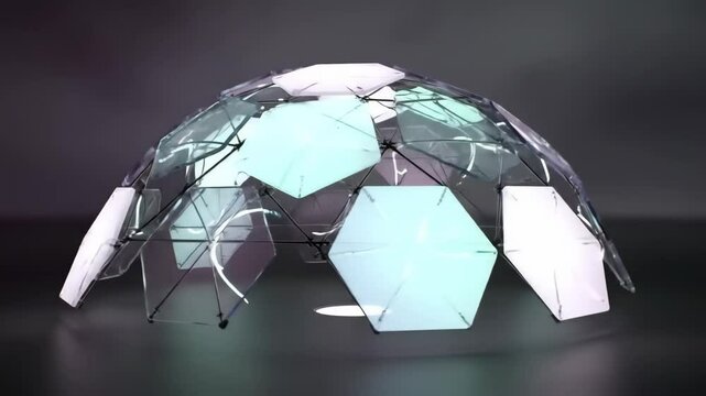 Hexagonal smart-glass dome rotates and breathes above a glowing emitter, shifting color and light in a rhythmic, responsive motion
