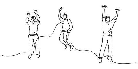 Continuous One Line Drawing Happy People Jumping. Celebration Success Joy Victory Achievement Vector.