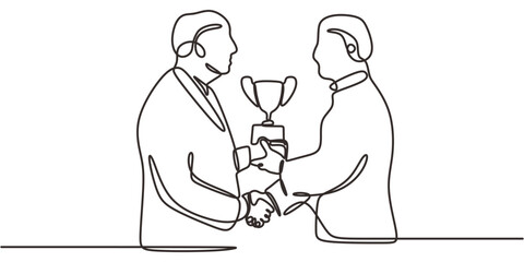 Continuous One Line Drawing Handshake Over Trophy. Sportsmanship Fair Play Deal Award Vector Art.