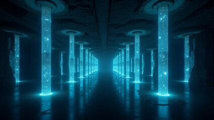 Underground data chamber with secure glowing silos – perfect for illustrating isolated encrypted storage and high-level digital infrastructure