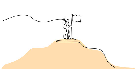 Continuous One Line Drawing Hand Flag Mountain Peak Achievement. Success Goal Summit Victory Vector Art.