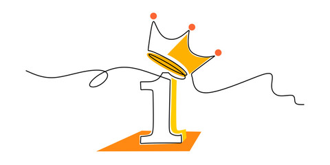Continuous One Line Drawing Number One Laurel Wreath Icon. First Place Winner Award Victory Vector Art.