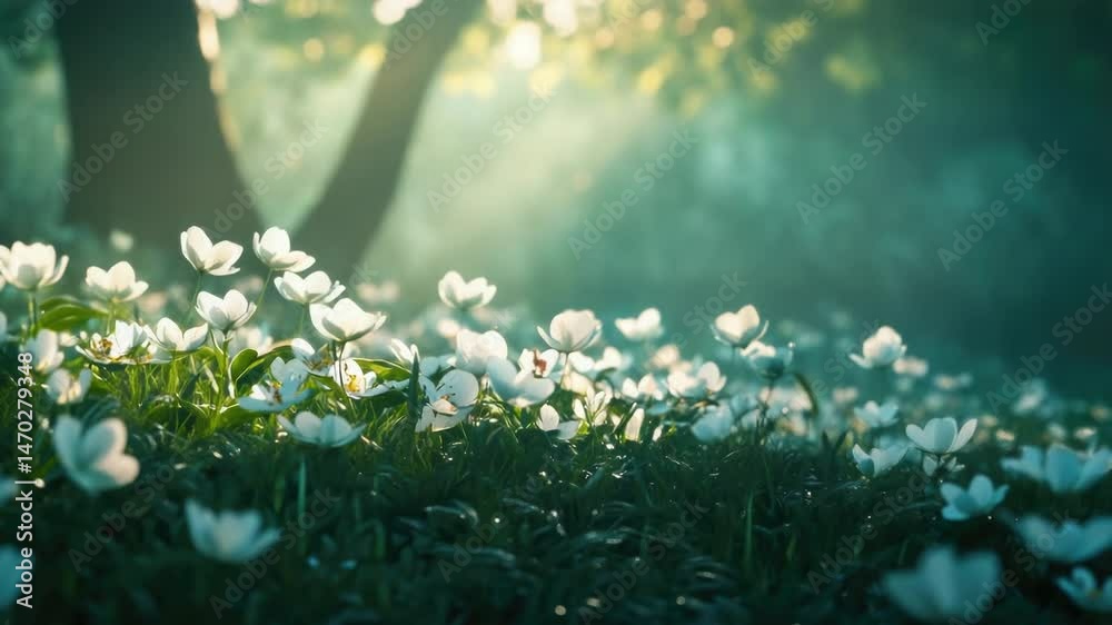 Poster a serene scene featuring a field of white flowers with a tree standing tall in the background