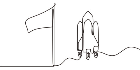 Continuous One Line Drawing Rocket Ship Flag Launching. Startup Success Business Growth Vector Art.