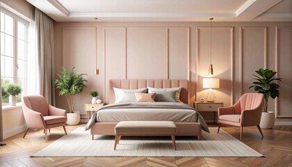 Elegant blush pink bedroom interior design with a king size bed armchairs and plants Modern luxury home decor