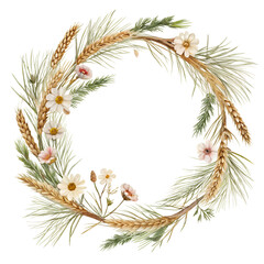 Watercolor Real pressed pine needle flowers wreath plant wheat. isolated on transparent background 