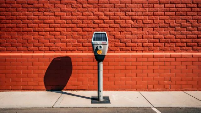 Modern parking meter stands against a vibrant red brick wall offering a striking urban texture and design element ideal for cityscapes architectural backgrounds and transportation themes