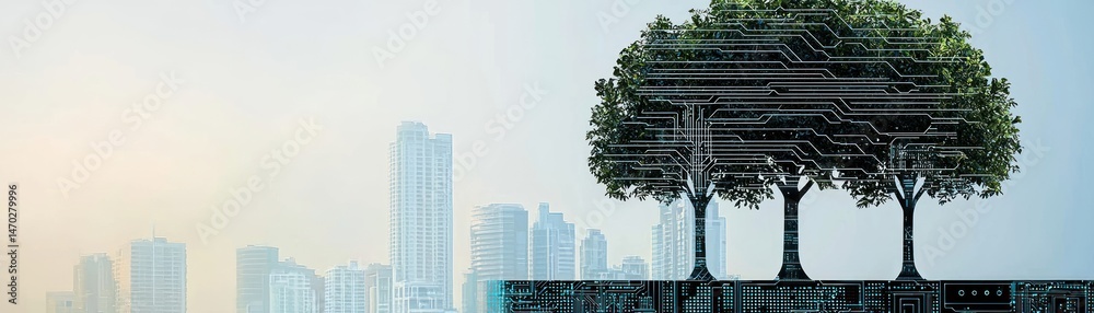 Poster trees composed with electronic circuits over a city skyline