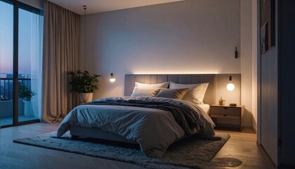 Serene Evening Bedroom Interior Design Soft Lighting and Comfortable Bedding