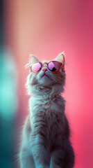 Portrait of a cat with sunglasses with smoke effect and pinkish tone background