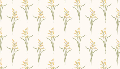 Fototapeta premium Seamless vector pattern featuring delicate yellow wildflowers with green leaves on a soft beige background. Perfect for fabric design, eco packaging, wrapping paper, and spring stationery.