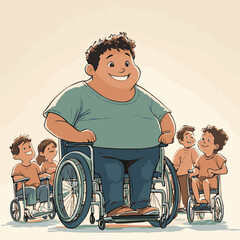 Diverse Group Of Cheerful Children Using Wheelchairs Cartoon Style Illustration