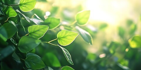 Sunlit green leaves on branch creating serene nature scene.