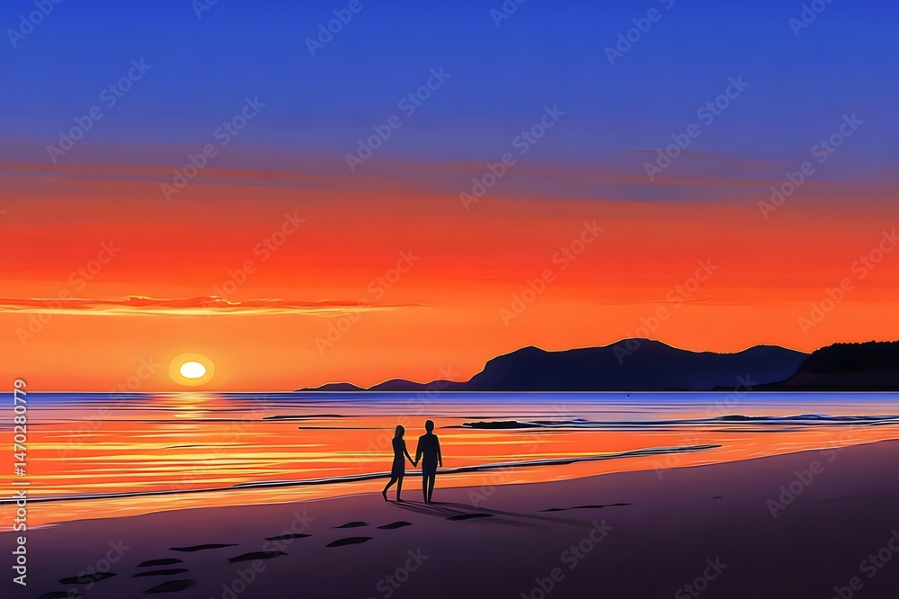 Aufkleber 夕焼けのビーチを歩くカップルのシルエット オレンジ色の空と穏やかな波 海岸の風景 日本のビーチでロマンチックな夕暮れ