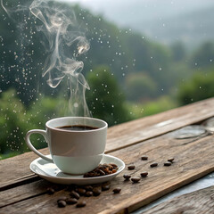 cup of hot coffee on a wood table in rain