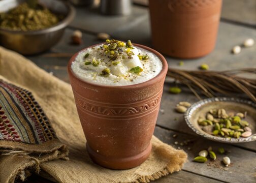 Traditional Sweet Lassi in Clay Glass with Cream Topping