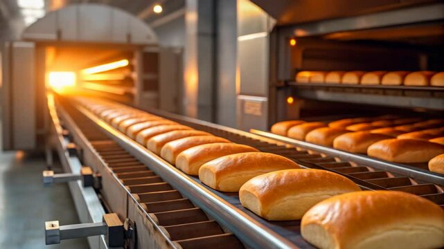 Freshly Baked Bread Moves Along a Conveyor Belt in a Modern Bakery Production Line Showing Automated Food Manufacturing Process and Industrial Baking Equipment
