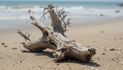 Driftwood rests on sunlit beach sand with gentle ocean waves in background during midday