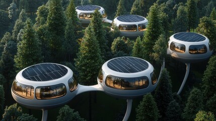 Futuristic pod homes elevated amongst trees with solar panels installed