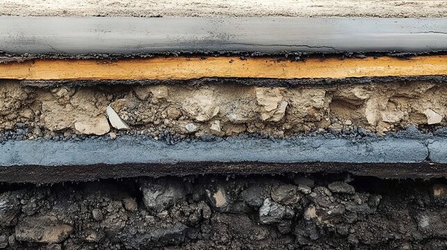 A cross-sectional view of pavement layers with soil, gravel, and asphalt textures.