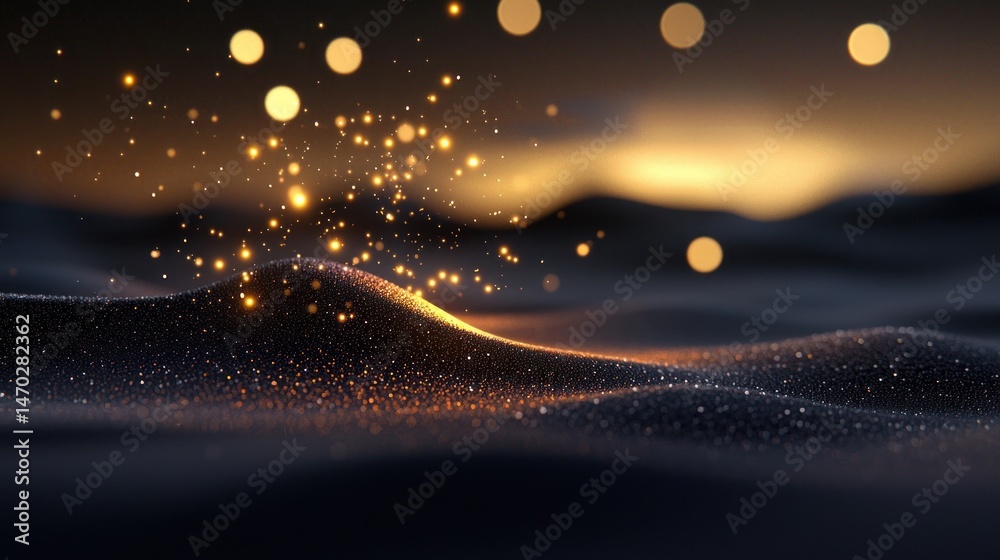 Poster sparkling golden particles emitting over dark undulating landscape shapes