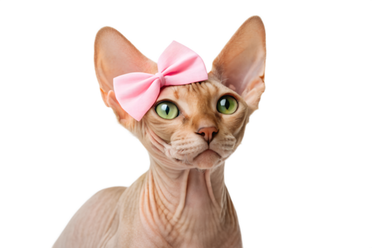 Sphynx cat portrait with pink bow on black background studio shot, sphynx, cat, hairless cat, feline, pet, animal, naked cat, pink bow, bow, head, portrait, studio shot, black background, green eyes
