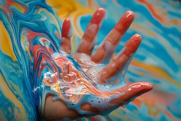 Obraz premium An artistic close up captures a hand submerged in a vibrant splash of color.