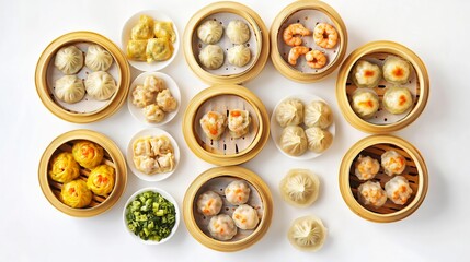 Flat lay of assorted Chinese dim sum including shrimp dumpling siu mai pork bun bamboo steamer clean white background Cantonese style delicacies Guangdong China cut out isolated transparent background