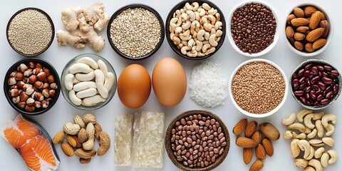 Fresh fish surrounded by beans, grains, nuts, eggs, and meats as protein sources.