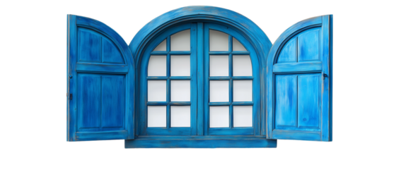 Blue arched window with open shutters isolated on a transparent background