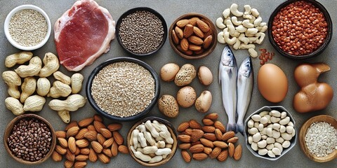 Fresh fish surrounded by beans, grains, nuts, eggs, and meats as protein sources.