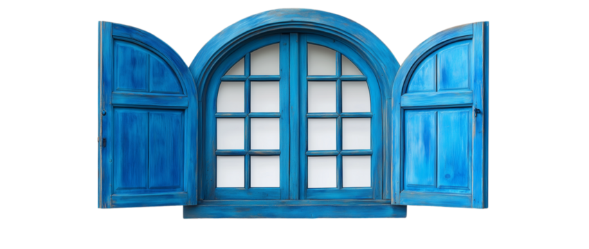 Blue arched window with open shutters isolated on a transparent background