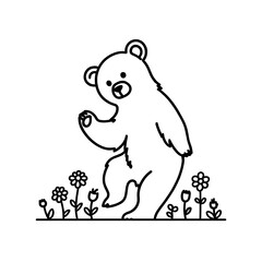 Fototapeta premium Adorable Cartoon Bear Amidst Blooming Flowers: Whimsical Nature Illustration