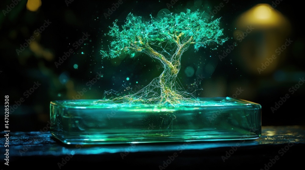 Poster A futuristic digital tree structure within a glass rectangular container