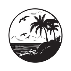 Ocean beach adventure, waves, palm trees, Minimal line art black and white icons