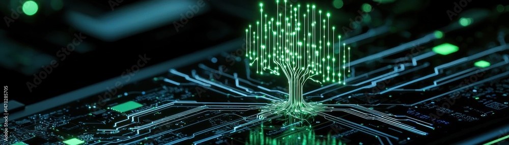 Poster An illuminated digital tree growing from a circuit board design
