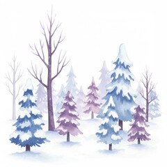 Obraz premium Watercolor Winter Forest Scene with Purple and Blue Trees