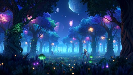 Fototapeta premium Enchanted alien forest on a distant exoplanet — glowing bioluminescent trees, surreal flora, and otherworldly atmosphere