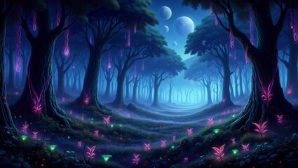 Fototapeta premium Enchanted alien forest on a distant exoplanet — glowing bioluminescent trees, surreal flora, and otherworldly atmosphere