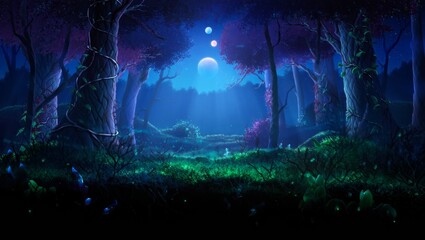 Obraz premium Enchanted alien forest on a distant exoplanet — glowing bioluminescent trees, surreal flora, and otherworldly atmosphere