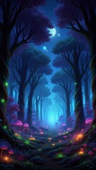 Fototapeta premium Enchanted alien forest on a distant exoplanet — glowing bioluminescent trees, surreal flora, and otherworldly atmosphere