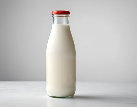 a large bottle of milk sitting prominently against a plain background. the milk is in a clear glass bottle with a red cap