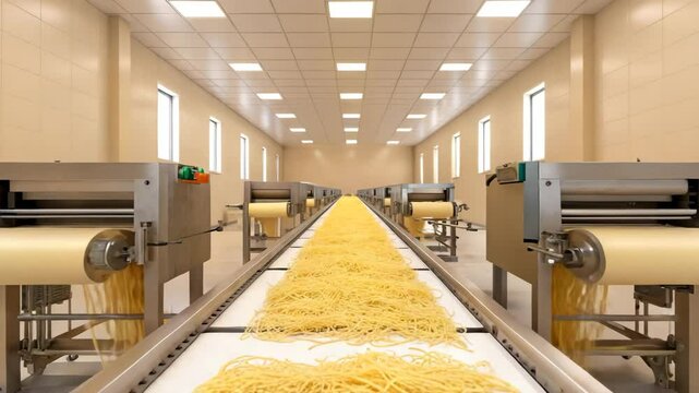 Fresh Pasta Production Line in Modern Factory Setting showcasing long strands of spaghetti moving along a conveyor belt towards packaging