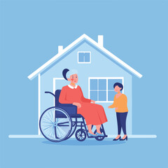Granddaughter Assisting Senior Woman In Wheelchair Near Home Vector Illustration