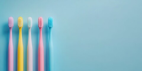 Colorful toothbrushes arranged in a row on light-blue background.
