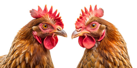 Naklejka premium Two curious brown chickens facing each other on black background, chickens, hen, poultry, livestock, farm animals, bird, agriculture, farming, wildlife, domestic animals, close up, head, crest, wattle