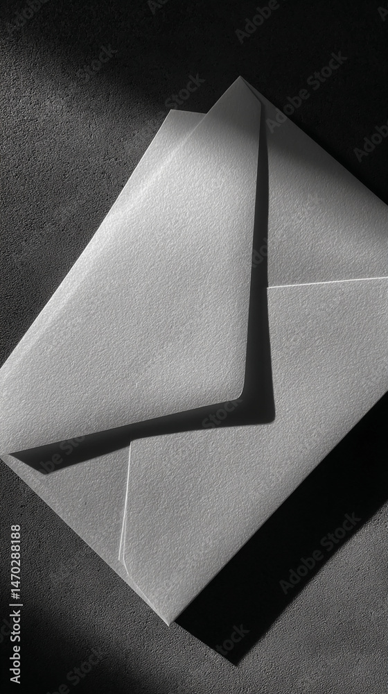 Poster close-up of white textured envelope on dark surface, sunlight casting shadows, showcasing minimalist