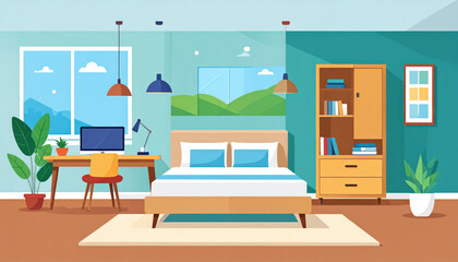 Modern bedroom features cozy bed with blue pillows and wooden frame, study desk with computer, and bookshelf, all set against calming teal wall with large windows